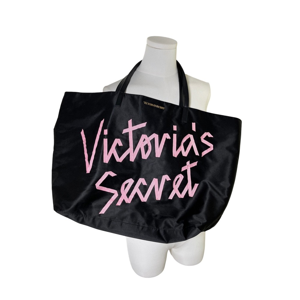 Victoria's Secret Oversized‎ Black Tote Bag Pink Logo Shopper Travel Beach NWT